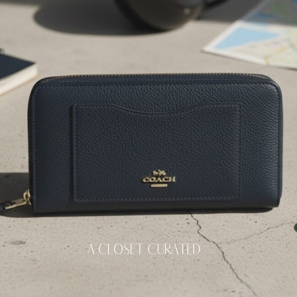 COACH Accordion Zip Crossgrain Black Leather Wallet Blue